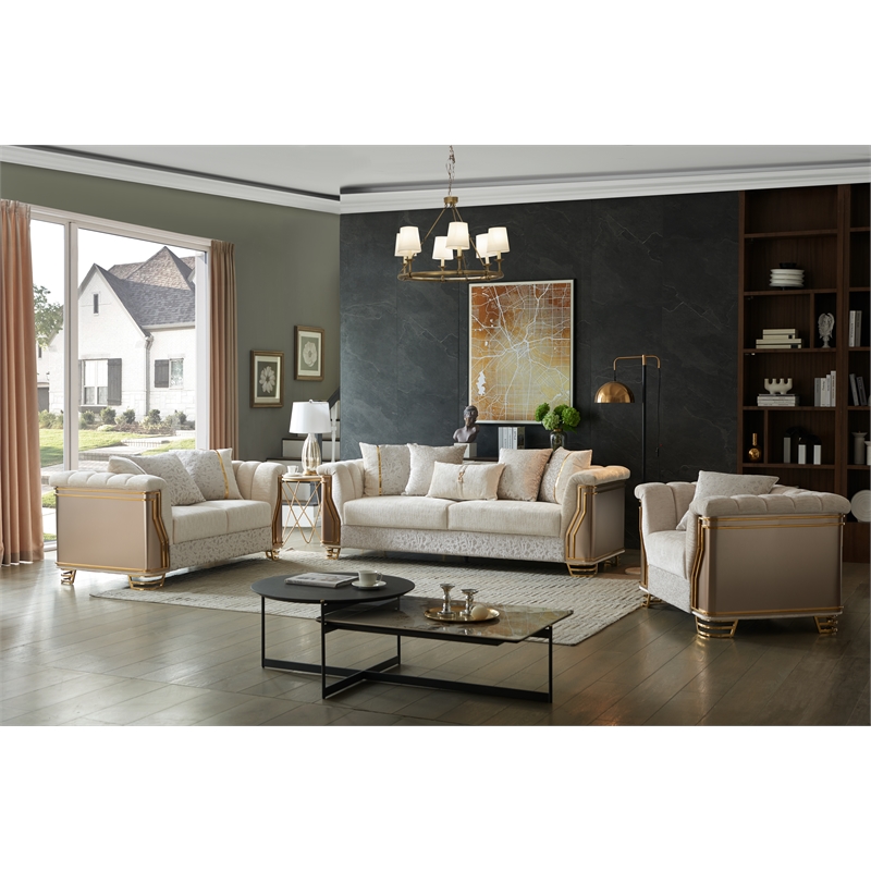Chateau 3Pc Luxury Living Room Set with Gold Stainless Steel Legs in Cream