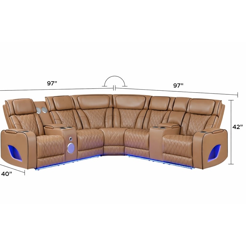 Fortuner Power Recliner Sectional in Caramel made with wood & Faux Leather