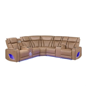 Fortuner Power Recliner Sectional in Caramel made with wood & Faux Leather
