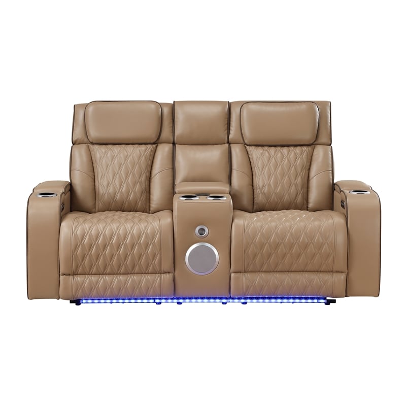 Fortuner 2pc Power Reclining Sofa and Loveseat Set in Caramel Faux Leather