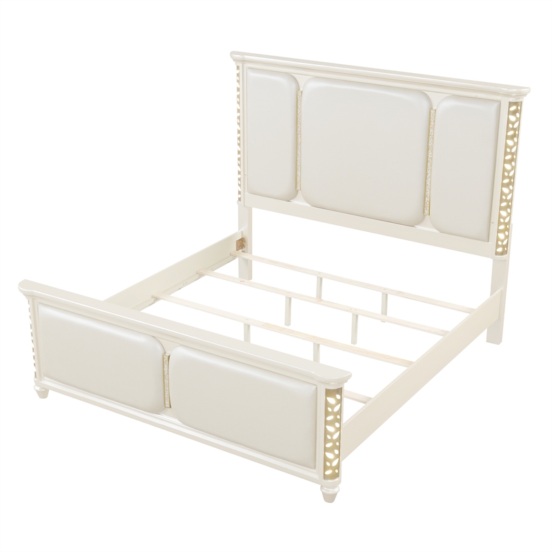 Cinderella Traditional Style Queen Upholstered Bed with LED and Gold Accents