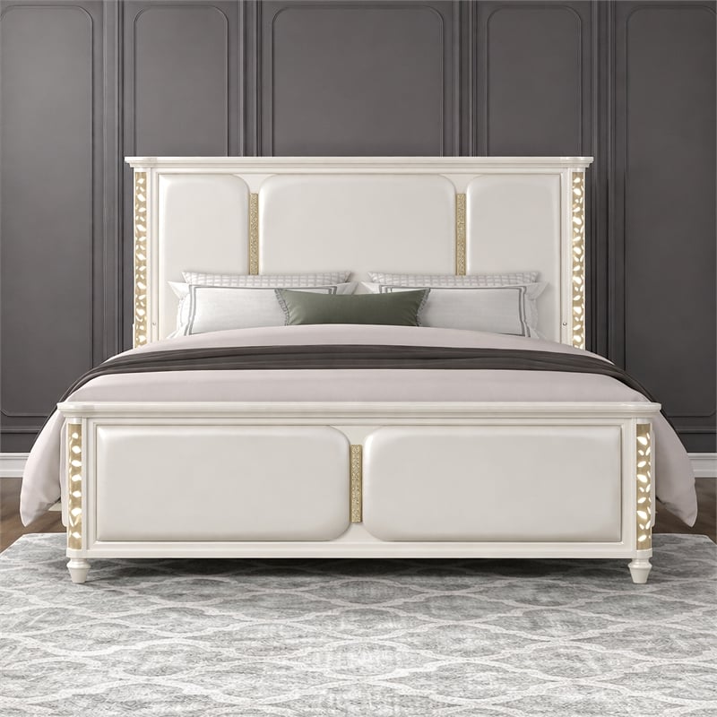 Cinderella Traditional Style Queen Upholstered Bed with LED and Gold Accents