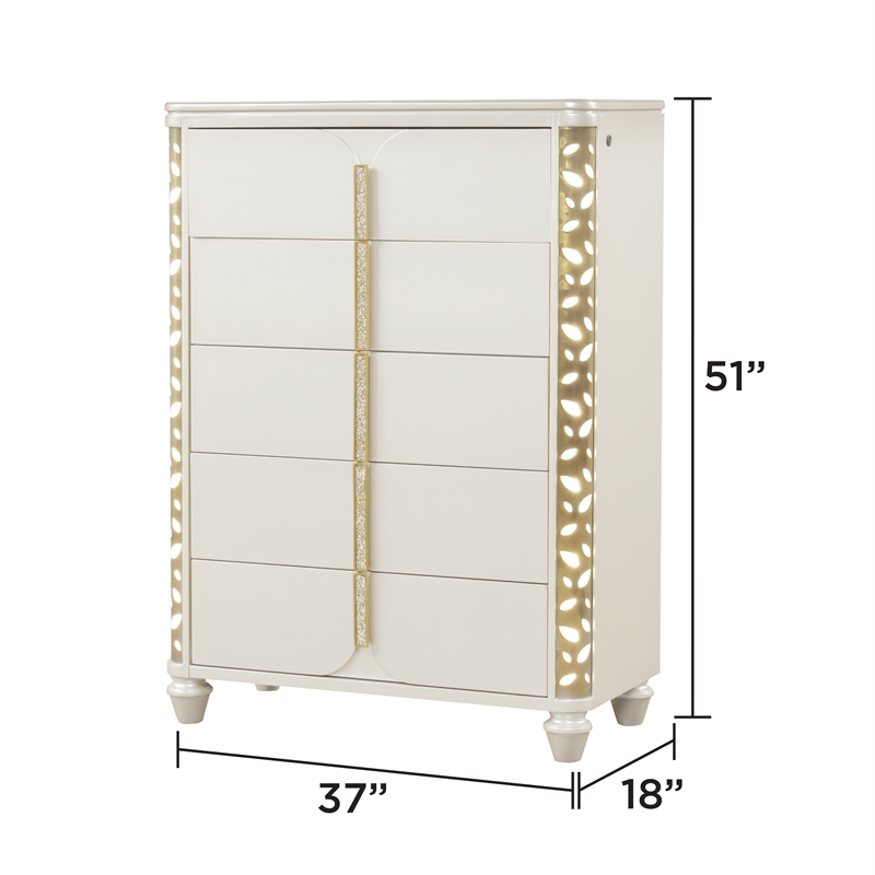 Cinderella King 5 Piece Wood Bedroom Set with LED Accents in White