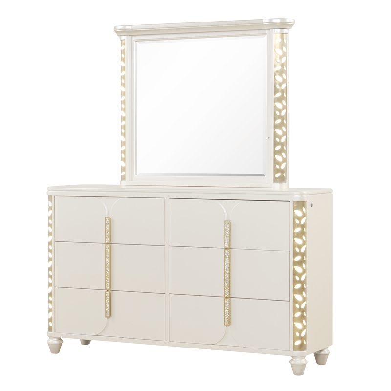 Cinderella King 5 Piece Wood Bedroom Set with LED Accents in White