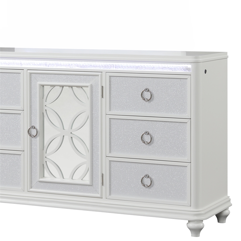 Abigale 6 Drawer Dresser LED Storage with Textured Drawer Fronts in White