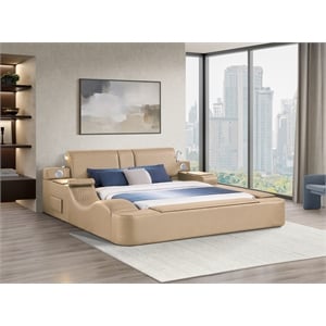 ZOYA King Size Bed with Massager Made with Wood and Faux Leather in Caramel