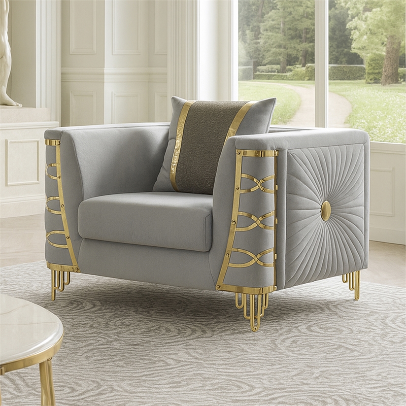 CONTESSA Modern Luxe Upholstered Accent Chair in Gray with Gold Frame