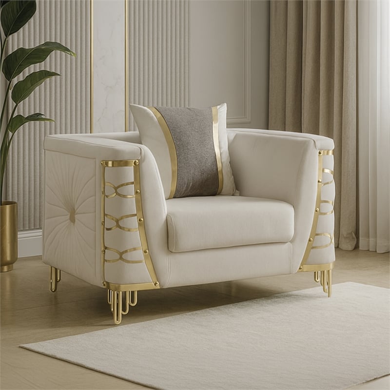 CONTESSA Modern Luxe Upholstered Accent Chair in Beige with Gold Frame