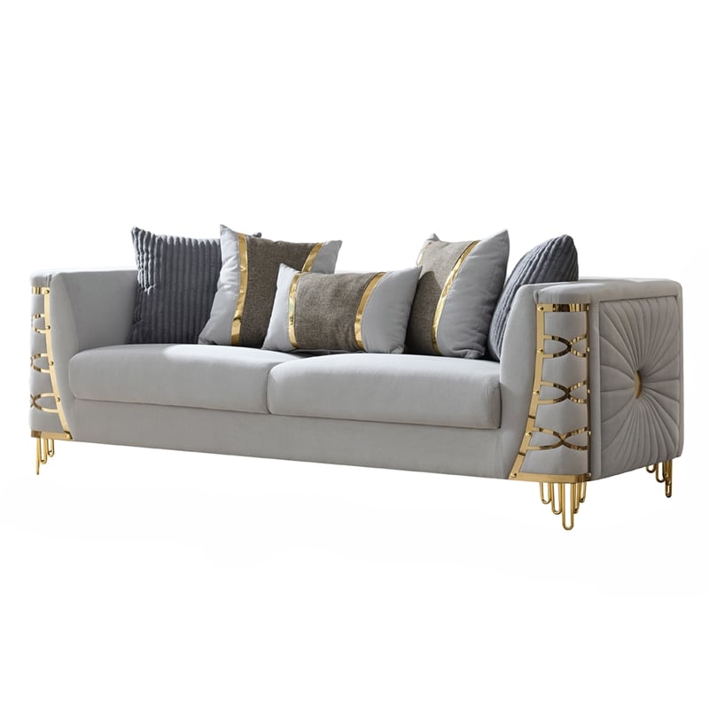 Contessa Modern Luxe Upholstered Sofa with Gold Frame Accents in Gray