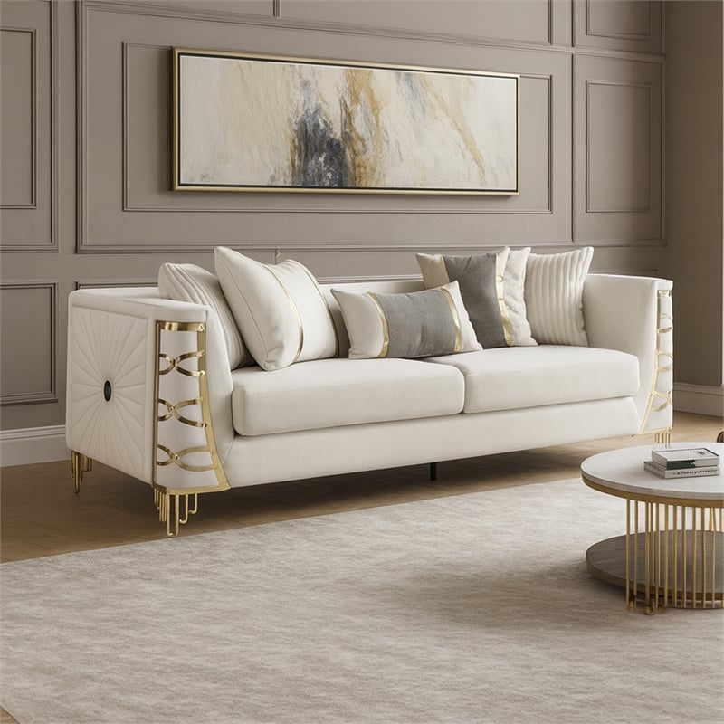 CONTESSA Modern Luxe Upholstered Sofa in Beige Gold Frame Accents