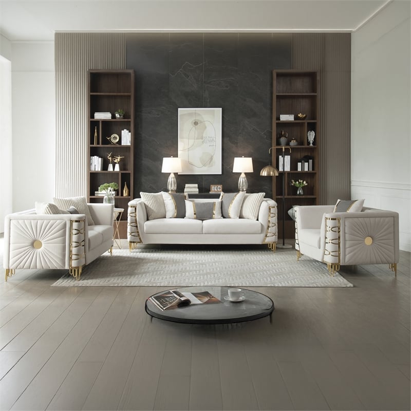 CONTESSA Modern Luxe Upholstered Sofa in Beige Gold Frame Accents