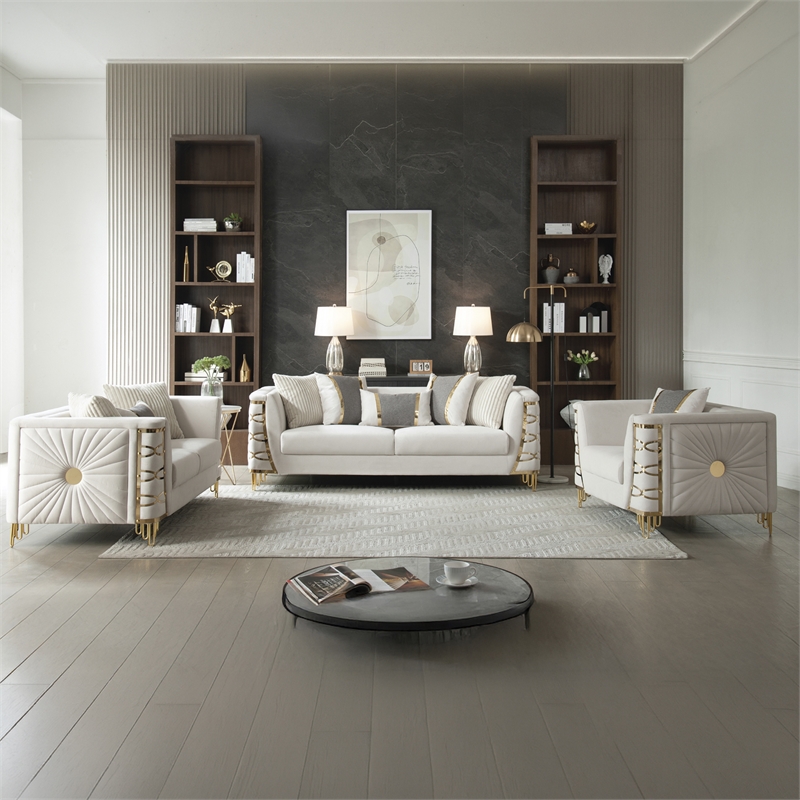 CONTESSA Modern 3 Piece Living Room Set in Beige with Gold Legs