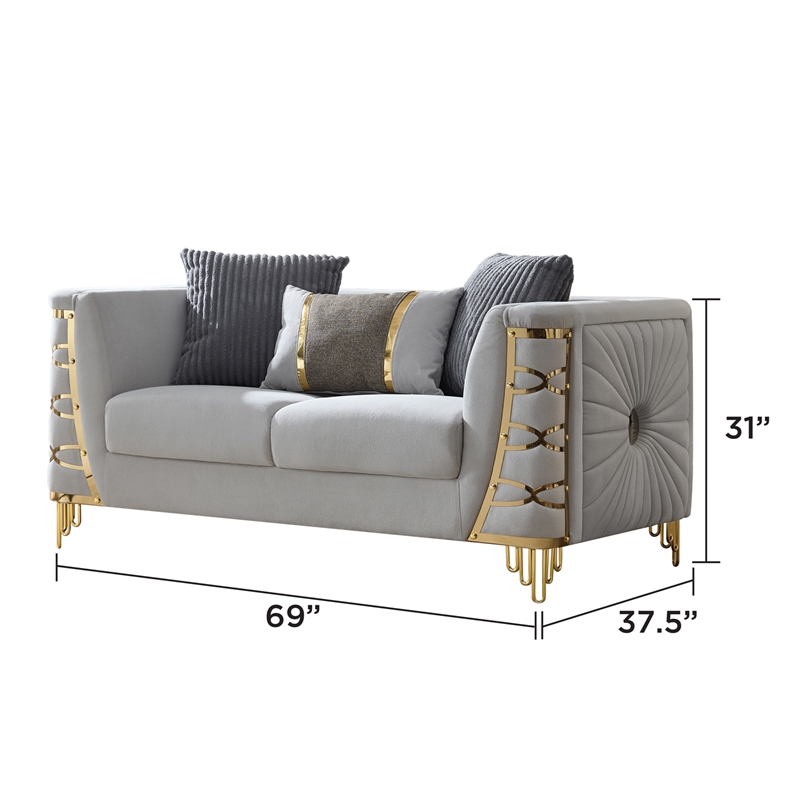 CONTESSA Modern 3 Piece Living Room Set in Gray with Gold Legs