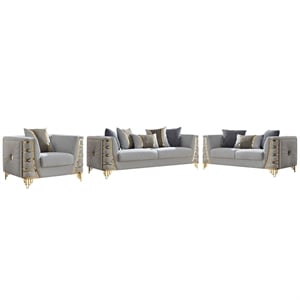 CONTESSA Modern 3 Piece Living Room Set in Gray with Gold Legs