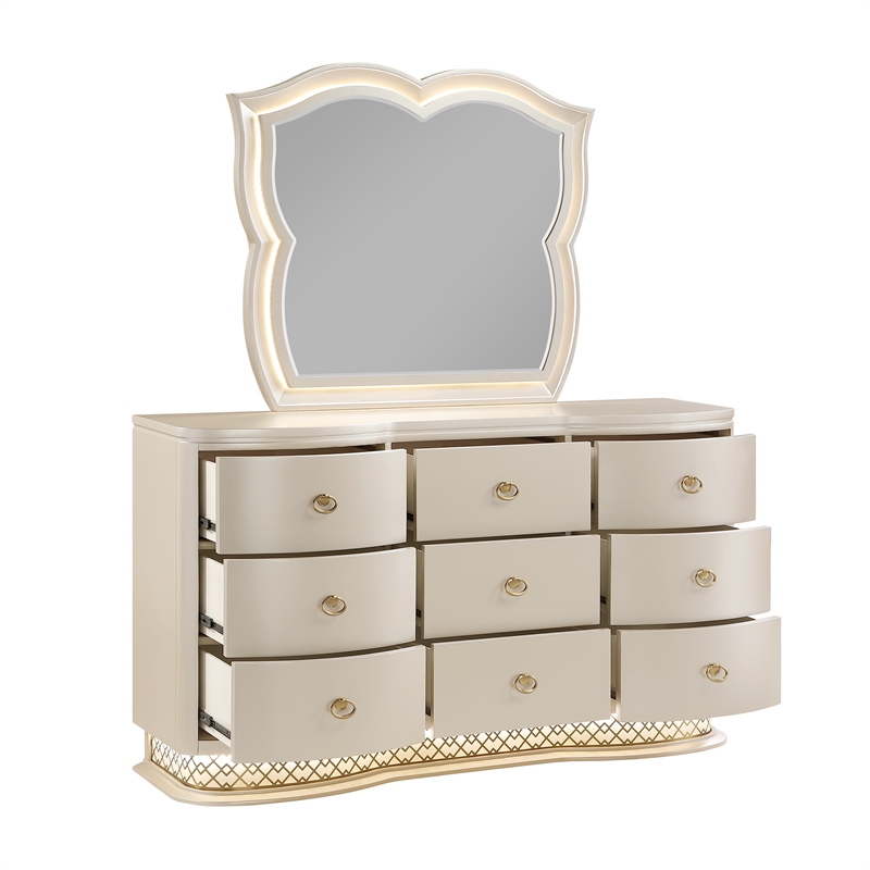 Flora Modern Wood 9 Drawer Dresser with Spacious Storage in Champagne