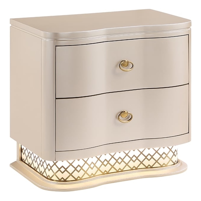 Flora Modern Wood 2 Drawer Nightstand with Gold Bar Hardware in Champagne