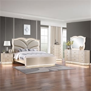 Flora Modern Wood King 5Pc Bedroom Set Upholstered Headboard Champagne