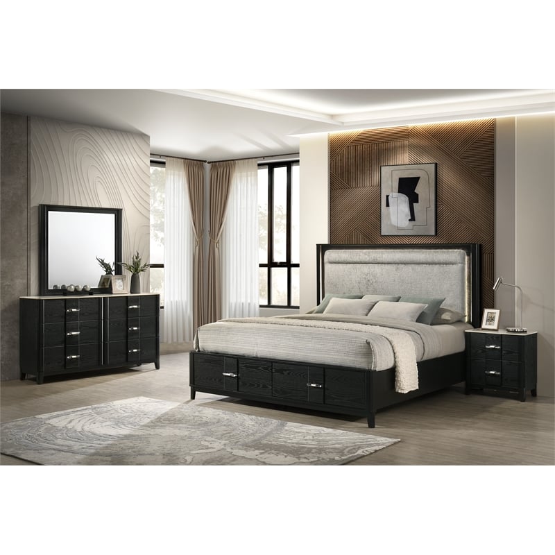 Opel Modern 4 Piece Queen Bedroom Set with Bed Dresser Mirror and Nightstand