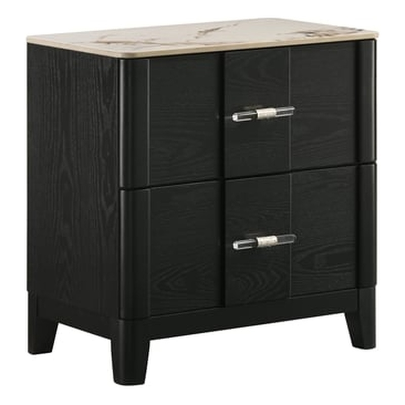 Opel Modern Nightstand with Sintered Stone Top & Smooth Drawer Glides in Black