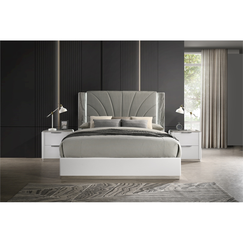 Jazz Modern Upholstered Panel Headboard Queen Platform Bed in White Lacquer