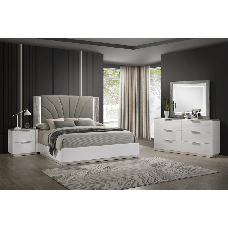 Jazz Modern Upholstered Panel Headboard Queen Platform Bed in White Lacquer