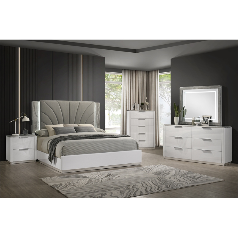 Jazz Modern Upholstered Panel Headboard Queen Platform Bed in White Lacquer