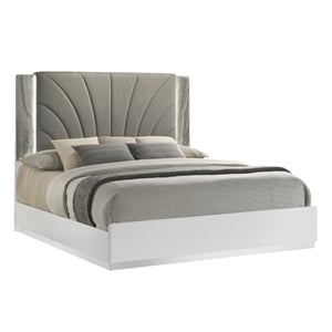 Jazz Modern King Platform Bed with Upholstered Headboard in White Lacquer