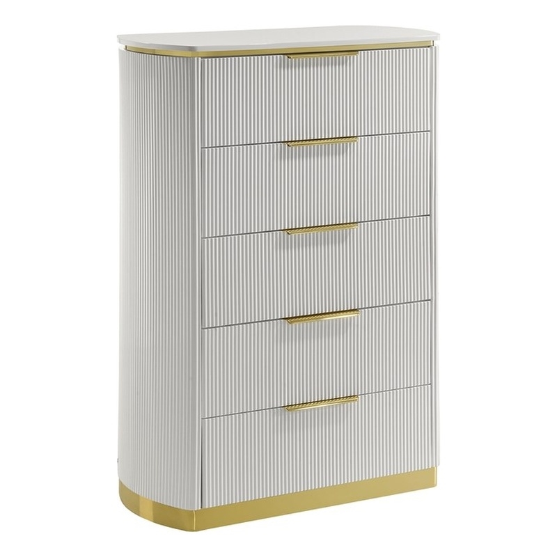 Giovanni Modern 5 Drawer Chest with Fluted Fronts and Gold Accents in White