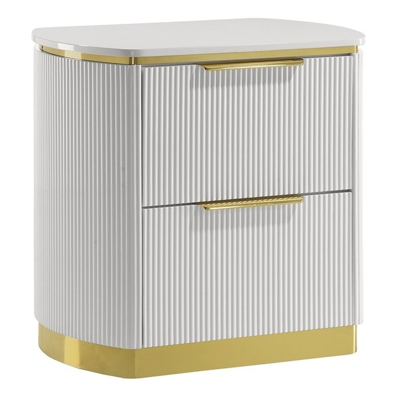 Giovanni Modern 2 Drawer Nightstand with Fluted Fronts and Gold Accents in White