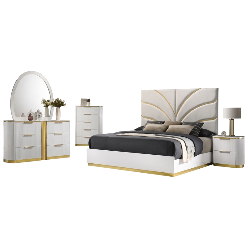Giovanni Queen 5Pc Bedroom Set in White and Gold Finish