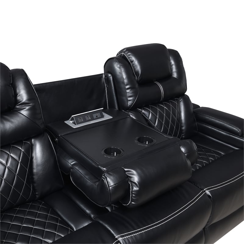 Galaxy Lexus Power Reclining Faux Leather Loveseat w Storage&LED in Black