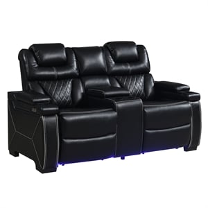 Galaxy Lexus Power Reclining Faux Leather Loveseat w Storage&LED in Black