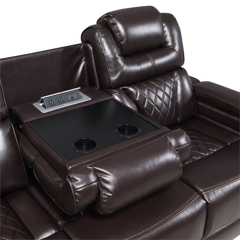 Galaxy Lexus Power Reclining Faux Leather Sofa w LED&Cup Holders in Brown