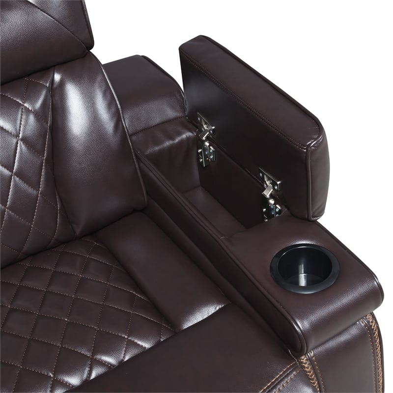 Galaxy Lexus Power Reclining Faux Leather Sofa w LED&Cup Holders in Brown
