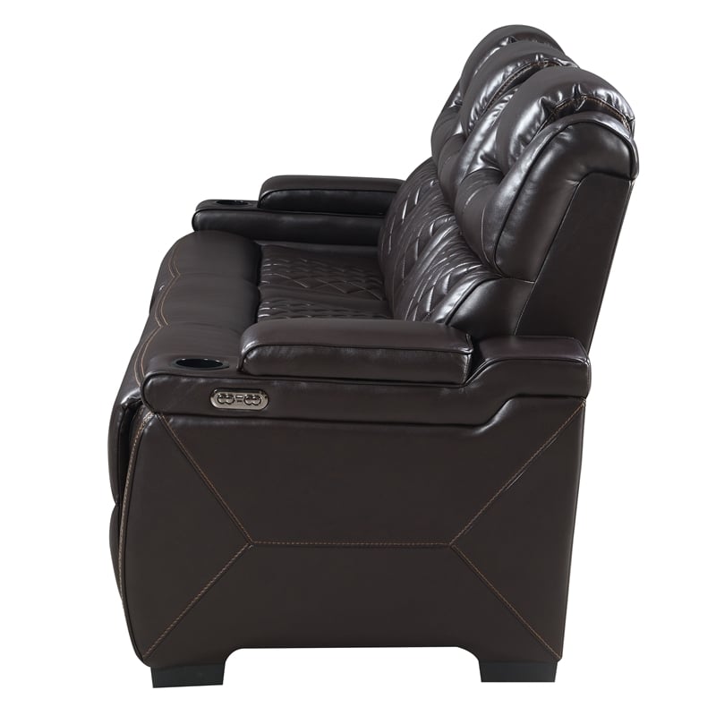 Galaxy Lexus Power Reclining Faux Leather Sofa w LED&Cup Holders in Brown