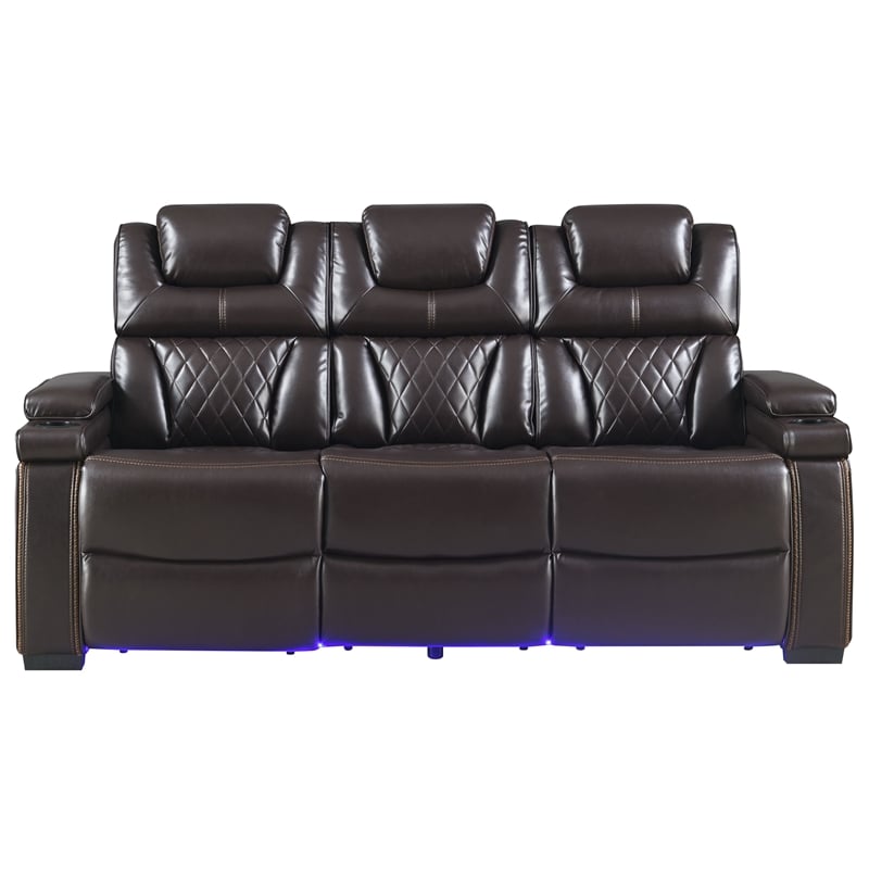 Galaxy Lexus Power Reclining Faux Leather Sofa w LED&Cup Holders in Brown