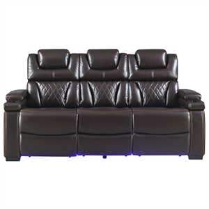 Galaxy Lexus Power Reclining Faux Leather Sofa w LED&Cup Holders in Brown
