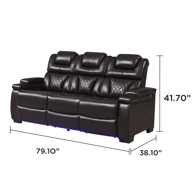 Galaxy Lexus Power Reclining Faux Leather Sofa w LED&Cup Holders in Brown