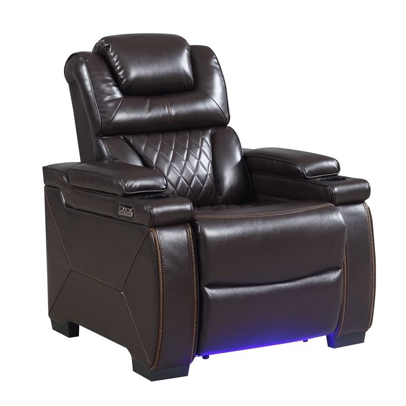 Galaxy Lexus Power Reclining Faux Leather Chair w Led & Cup Holders in Brown