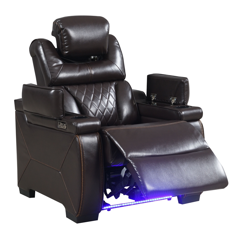 Galaxy Lexus Power Reclining Faux Leather Chair w Led & Cup Holders in Brown