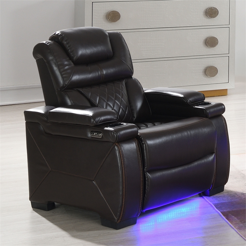 Galaxy Lexus Power Reclining Faux Leather Chair w Led & Cup Holders in Brown