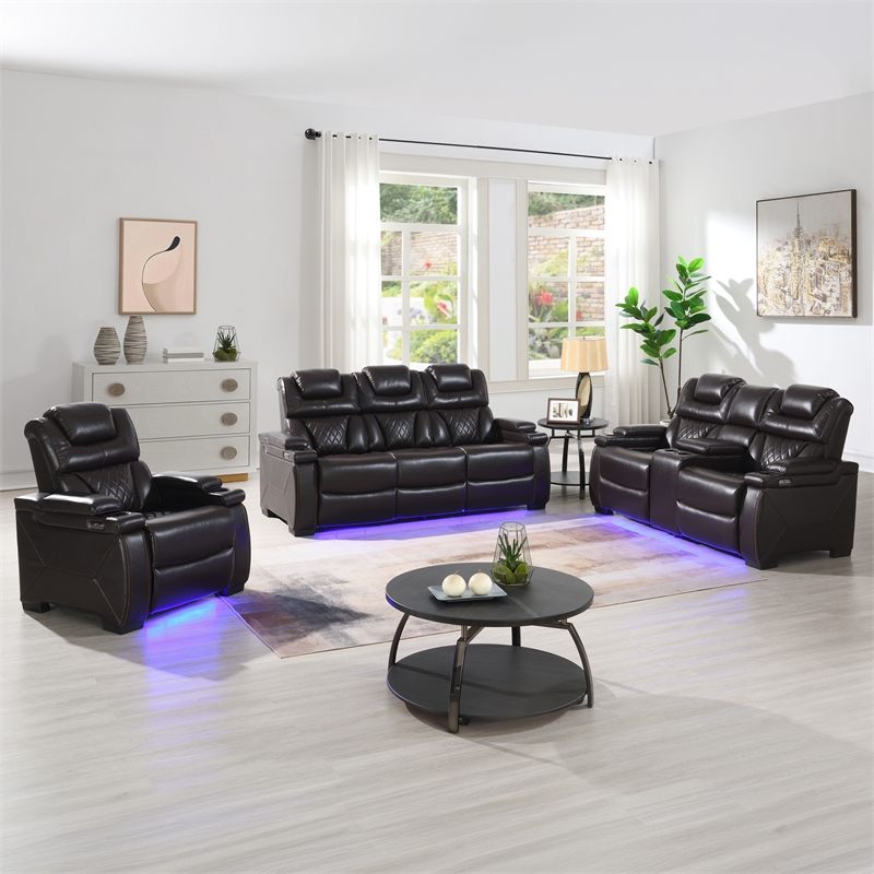 Galaxy Home Lexus Piece Power Reclining Set w Sofa/Loveseat/Chair in Brown