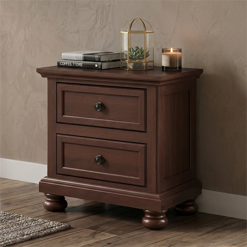 Boston Traditional Wood 2-Drawer Nightstand in Walnut with Classic Bun Feet