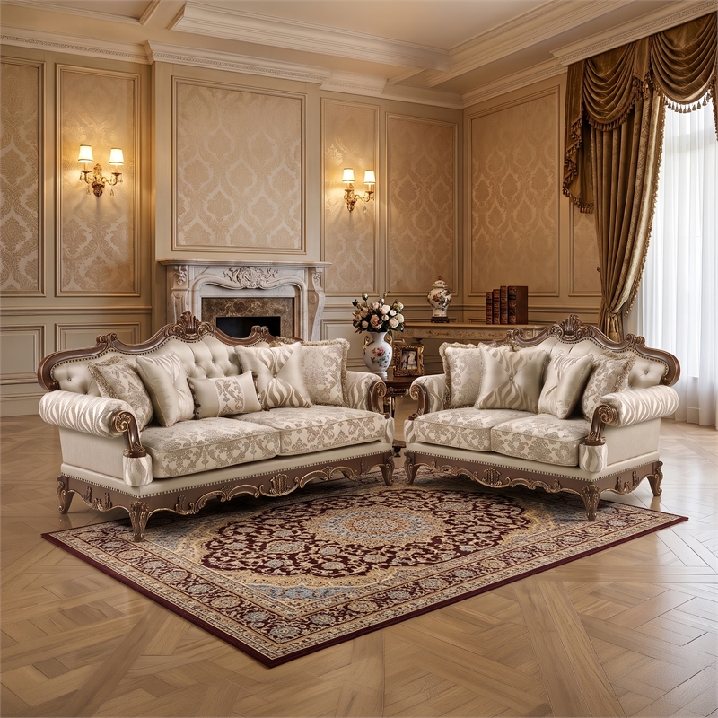 Lotus Traditional Style 2PC Living Room Set in Champagne Gold and Gold Brush