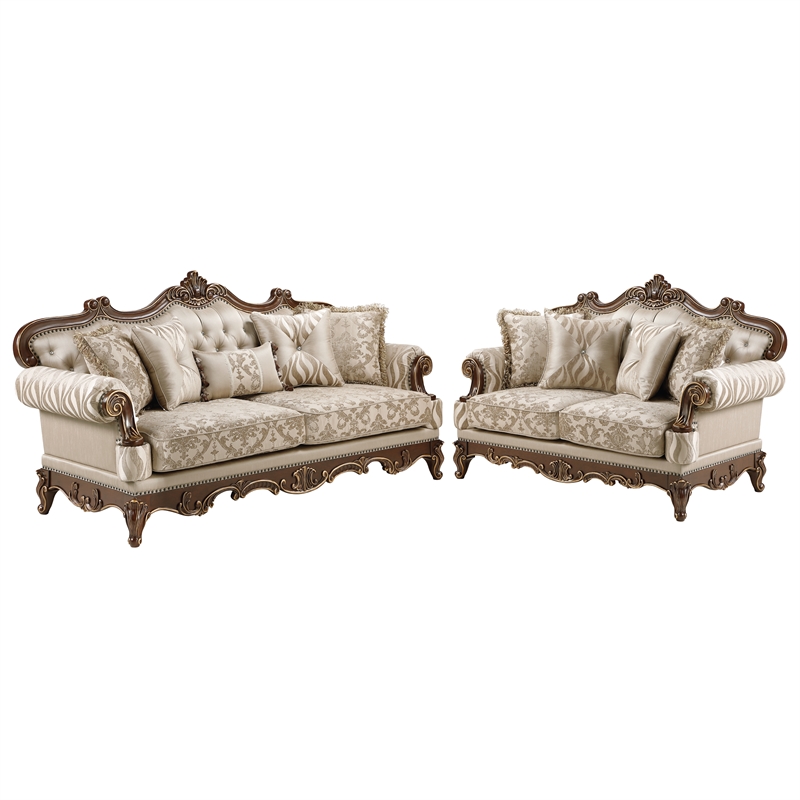 Lotus Traditional Style 2PC Living Room Set in Champagne Gold and Gold Brush