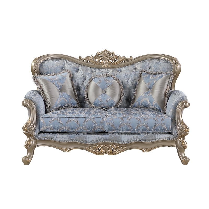 Royale Blue Gray Tufted Loveseat with Carved Champagne Gold Frame