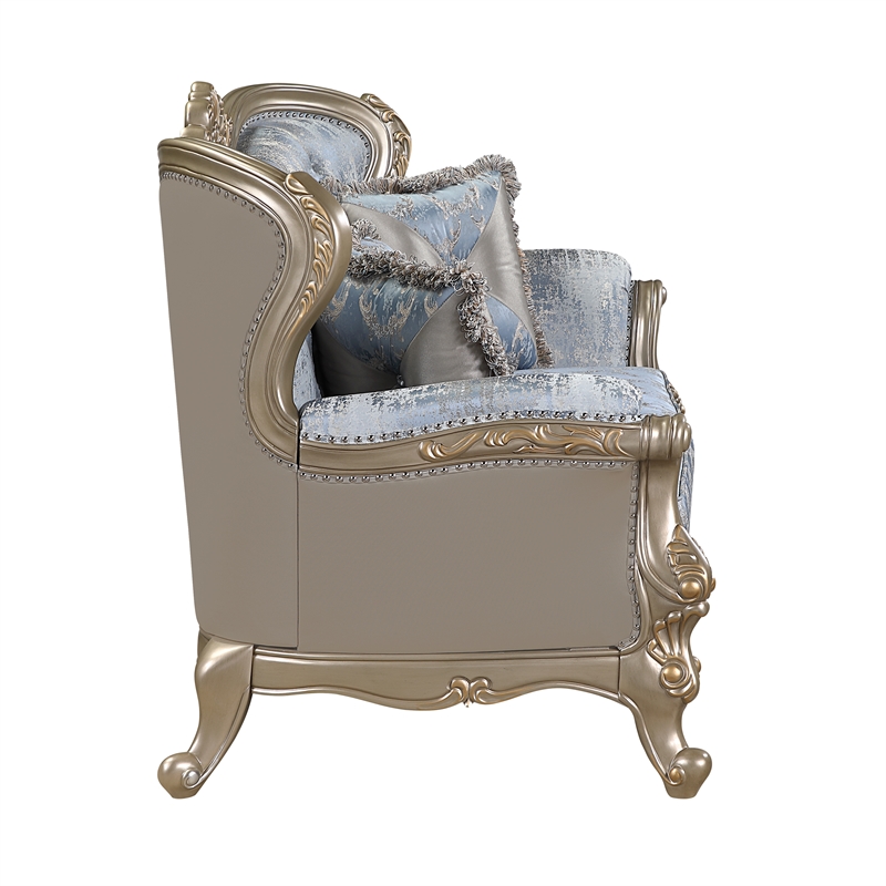 Royale Blue Gray Tufted Loveseat with Carved Champagne Gold Frame