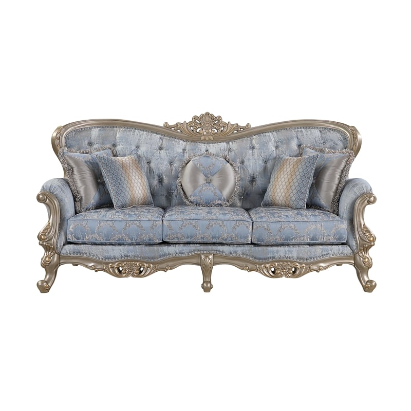 Royale Blue Gray Tufted Sofa with Carved Champagne Gold-Tone Frame