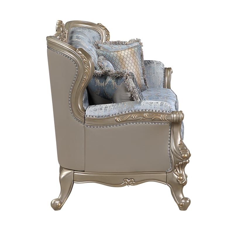 Royale Blue Gray Tufted Sofa with Carved Champagne Gold-Tone Frame