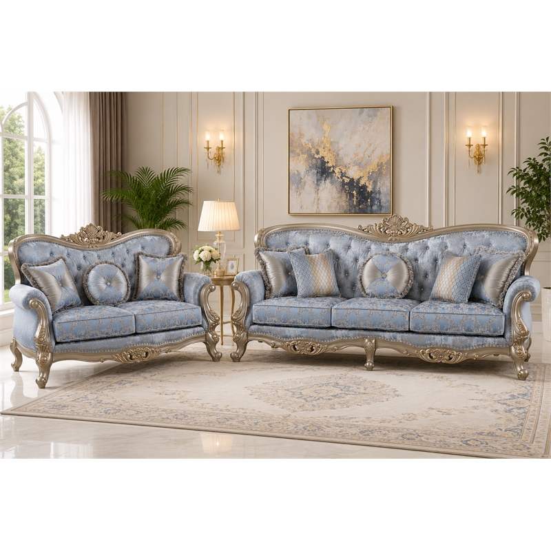 Royale 2Pc Classic Luxury Upholstered Sofa and Loveseat
